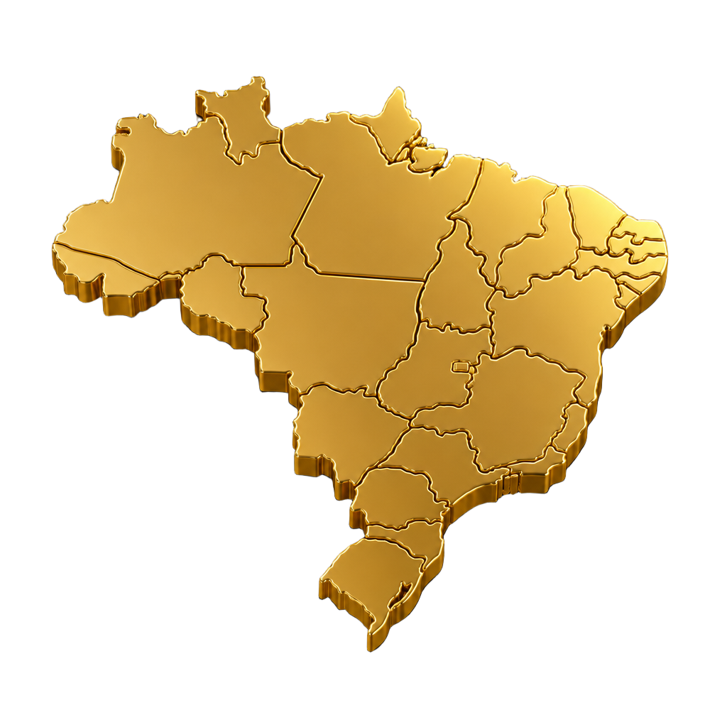 Mapa do Brasil em dourado representando atendimento em todo o país